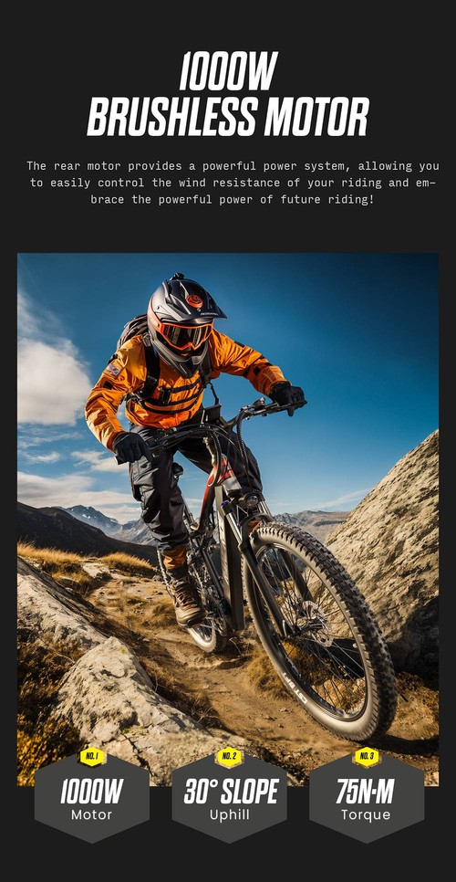 RANDRIDE YG90B Electric Bike 1000W Motor 45km/h Max Speed 48V 17Ah Removable battery 80-90KM Max Range 27.5*2.4'' CST Tires 120kg Load Shimano 21 Gears Hydraulic brake - Black & Red