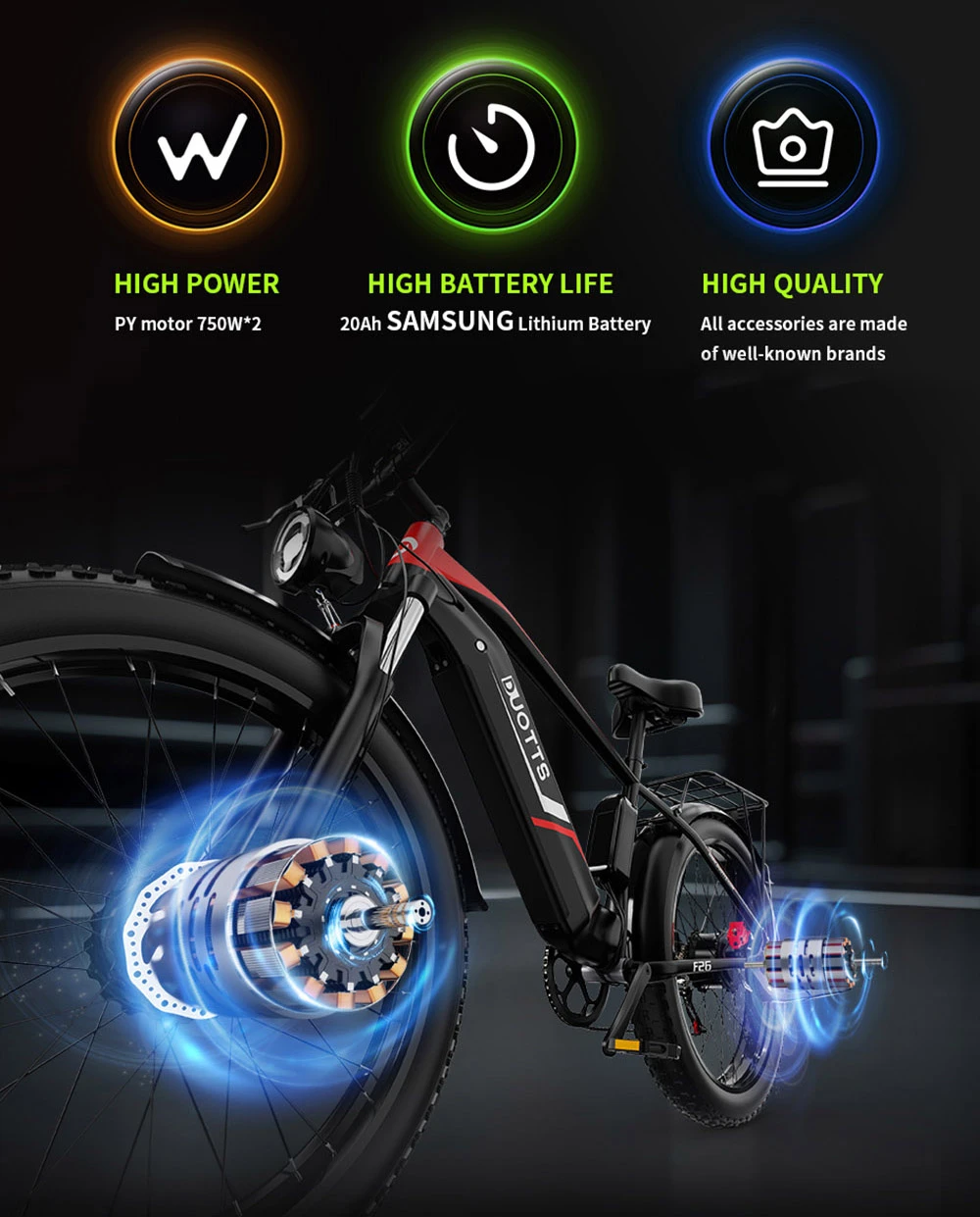 DUOTTS F26 Mountain Bike Elettrica 750W*2 Doppi Motori Batteria 48V 20Ah Pneumatici Fat 26*4.0 Pollici Velocità Massima 55Km/h Salita a 55 Gradi Display a Colori Intelligente Doppi Freni a Disco Assorbimento Ammortizzatore Anteriore Carico Massimo 150KG Autonomia 100KM - Nero