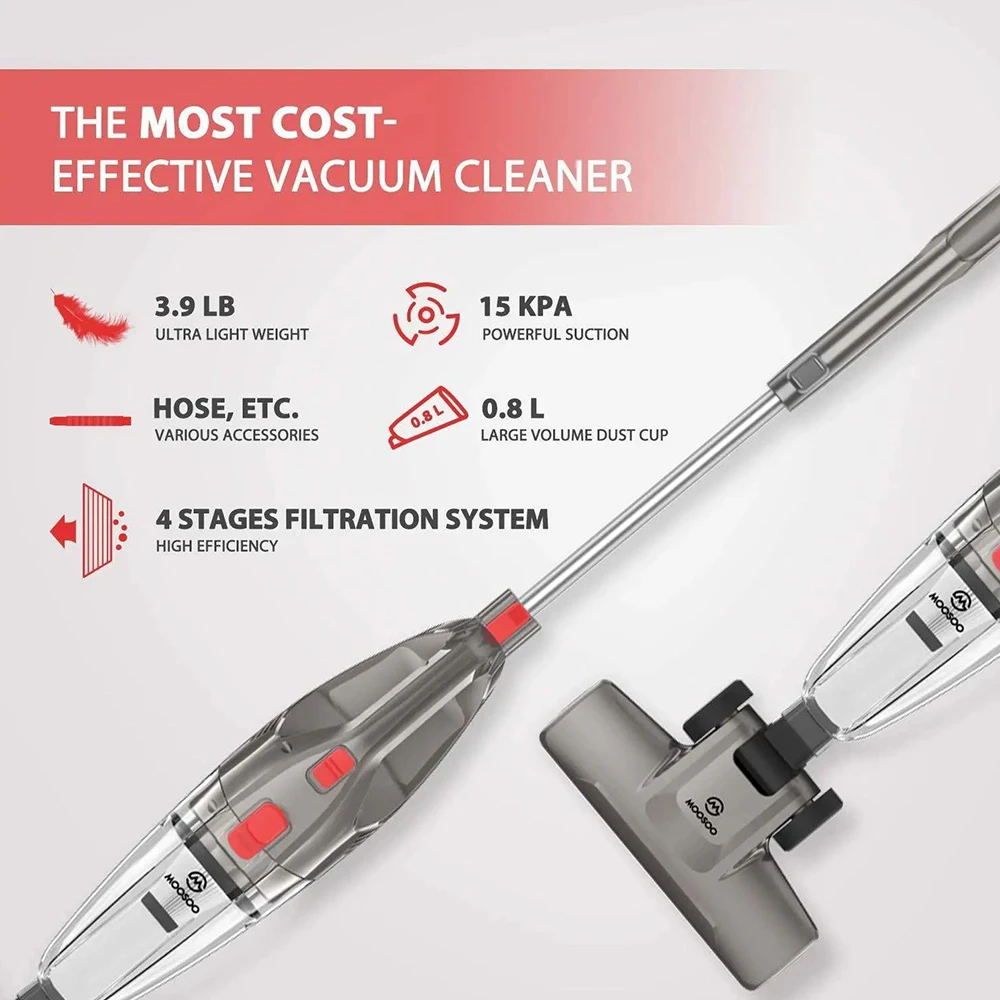MOOSOO LT450 4-in-1 Corded Stick Vacuum Cleaner, 15kPa Powerful Suction, 0.8L Dust Cup, 4 Stages Filtration, Self-standing
