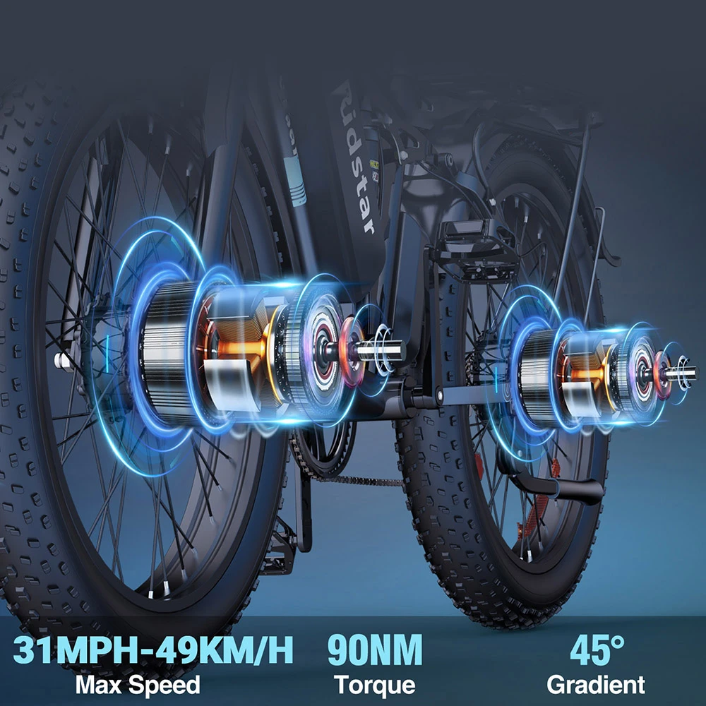 Ridstar E26 Pro Electric Bike, 1000W*2 Motor, 48V 23Ah Battery, 26*4 Inch Fat Tires, 49km/h Max Speed, 75km Range, Dual Hydraulic Brake, Full Suspension, Shimano 7-speed