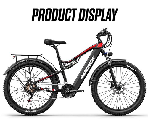 RANDRIDE YG90B Electric Bike 1000W Motor 45km/h Max Speed 48V 17Ah Removable battery 80-90KM Max Range 27.5*2.4'' CST Tires 120kg Load Shimano 21 Gears Hydraulic brake - Black & Red