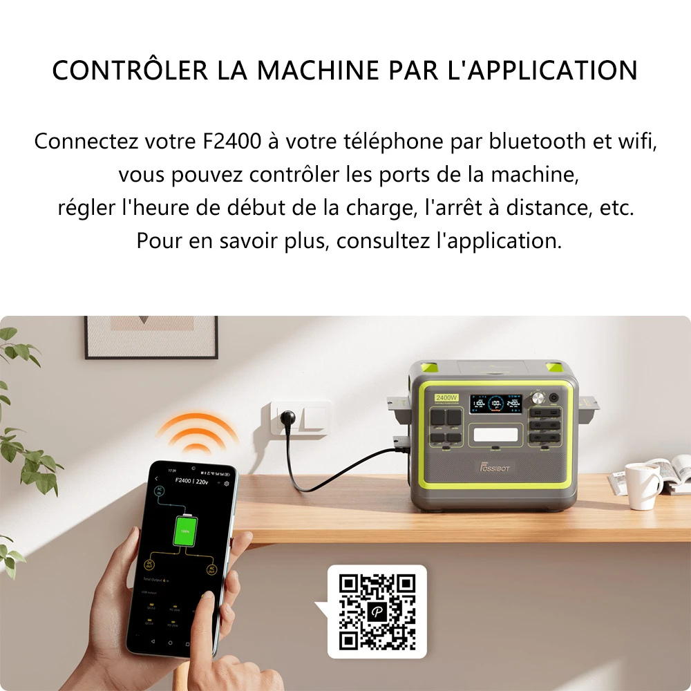 FOSSiBOT F2400 Centrale électrique portable + FOSSiBOT SP200 18 V 200 W panneau solaire pliable, batterie LiFePO4 2048 Wh/640 000 mAh, générateur solaire 2 400 W (4 600 W en crête), 3 prises AC RV Car USB Type-C QC3.0 PD DC5521 à onde sinusoïdale pure, charge rapide en 1,5 heure