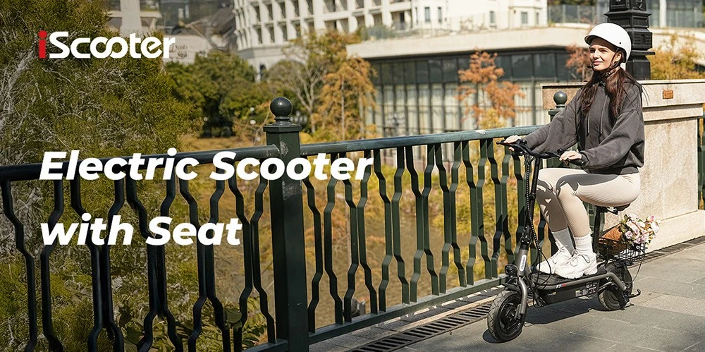 Scooter electric iScooter F3 cu scaun și coș din spate, motor 1000 W, baterie 48 V 13 Ah, anvelopă pneumatică de 10 inchi, viteză maximă 45 km/h, autonomie 60 km, frână cu tambur față și spate, sarcină maximă 120 kg
