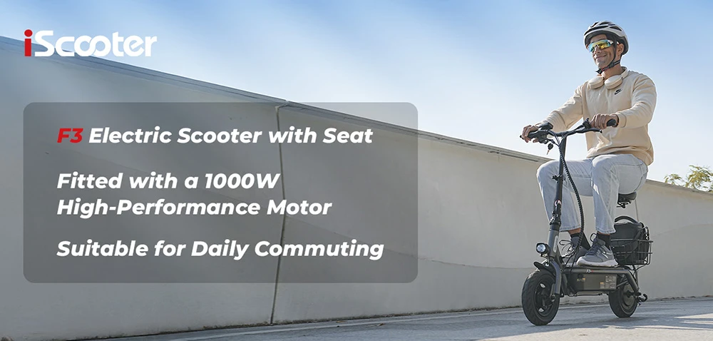 Scooter electric iScooter F3 cu scaun și coș din spate, motor 1000 W, baterie 48 V 13 Ah, anvelopă pneumatică de 10 inchi, viteză maximă 45 km/h, autonomie 60 km, frână cu tambur față și spate, sarcină maximă 120 kg