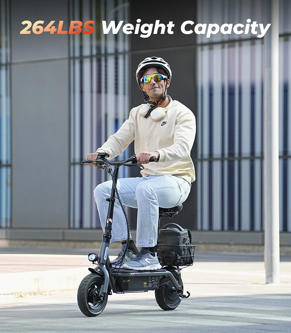 Scooter electric iScooter F3 cu scaun și coș din spate, motor 1000 W, baterie 48 V 13 Ah, anvelopă pneumatică de 10 inchi, viteză maximă 45 km/h, autonomie 60 km, frână cu tambur față și spate, sarcină maximă 120 kg