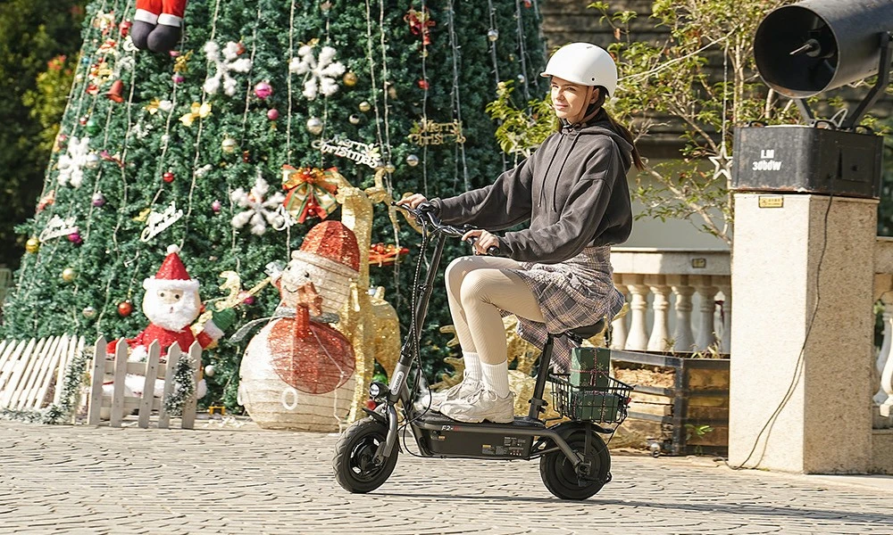 Scooter electric iScooter F3 cu scaun și coș din spate, motor 1000 W, baterie 48 V 13 Ah, anvelopă pneumatică de 10 inchi, viteză maximă 45 km/h, autonomie 60 km, frână cu tambur față și spate, sarcină maximă 120 kg