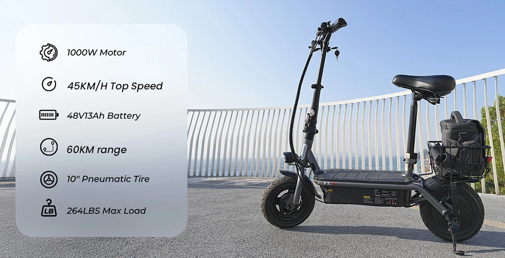 Scooter electric iScooter F3 cu scaun și coș din spate, motor 1000 W, baterie 48 V 13 Ah, anvelopă pneumatică de 10 inchi, viteză maximă 45 km/h, autonomie 60 km, frână cu tambur față și spate, sarcină maximă 120 kg