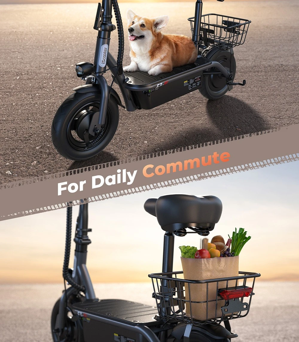Scooter electric iScooter F3 cu scaun și coș din spate, motor 1000 W, baterie 48 V 13 Ah, anvelopă pneumatică de 10 inchi, viteză maximă 45 km/h, autonomie 60 km, frână cu tambur față și spate, sarcină maximă 120 kg