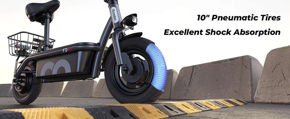 Scooter electric iScooter F3 cu scaun și coș din spate, motor 1000 W, baterie 48 V 13 Ah, anvelopă pneumatică de 10 inchi, viteză maximă 45 km/h, autonomie 60 km, frână cu tambur față și spate, sarcină maximă 120 kg