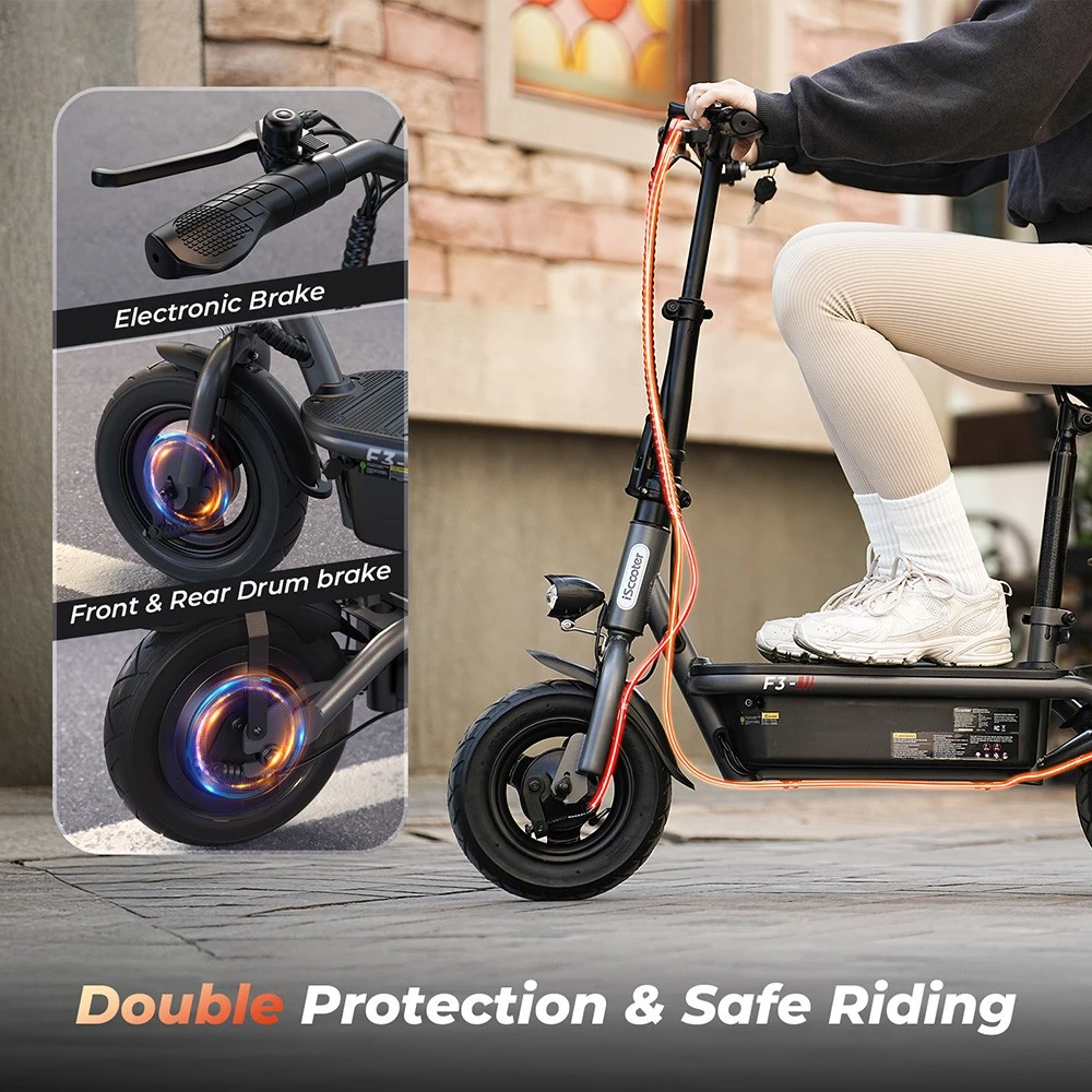 Scooter electric iScooter F3 cu scaun și coș din spate, motor 1000 W, baterie 48 V 13 Ah, anvelopă pneumatică de 10 inchi, viteză maximă 45 km/h, autonomie 60 km, frână cu tambur față și spate, sarcină maximă 120 kg