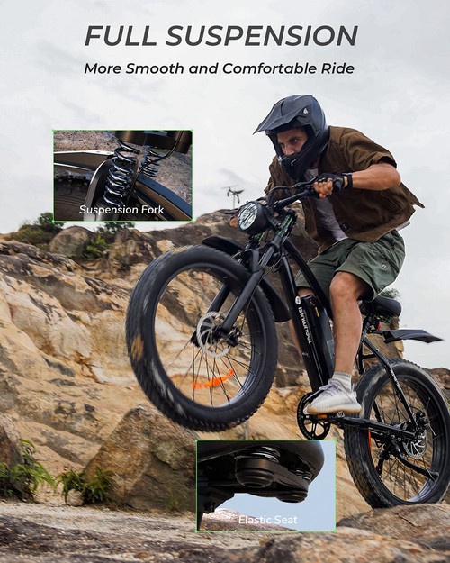 isinwheel M10 Plus Electric Bike, 250W Motor, 48V 13Ah Battery, 26*4.0 inch Tires, 25km/h Max Speed, 100km Range, Front & Rear Disc Brakes, 7 Speed Transmission, Full Suspension - Blue