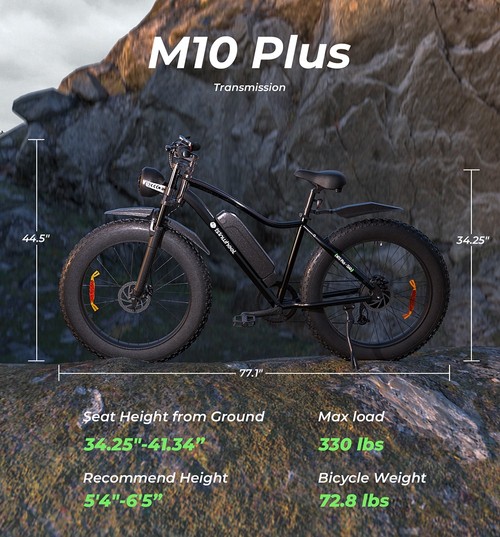 isinwheel M10 Plus Electric Bike, 250W Motor, 48V 13Ah Battery, 26*4.0 inch Tires, 25km/h Max Speed, 100km Range, Front & Rear Disc Brakes, 7 Speed Transmission, Full Suspension - Blue