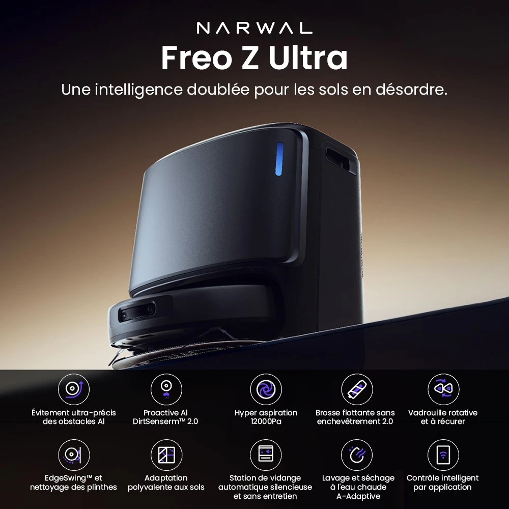 Aspirateur robot et balai Narwal Freo Z Ultra avec station de base, puissance de 12 000 Pa, autovidange, double caméra, zéro enchevêtrement, 120 jours sans entretien, levage automatique de la vadrouille jusqu'à 12 mm, évitement d'obstacles à trois lasers, lavage et séchage à l'eau chaude adaptatifs par IA - Blanc