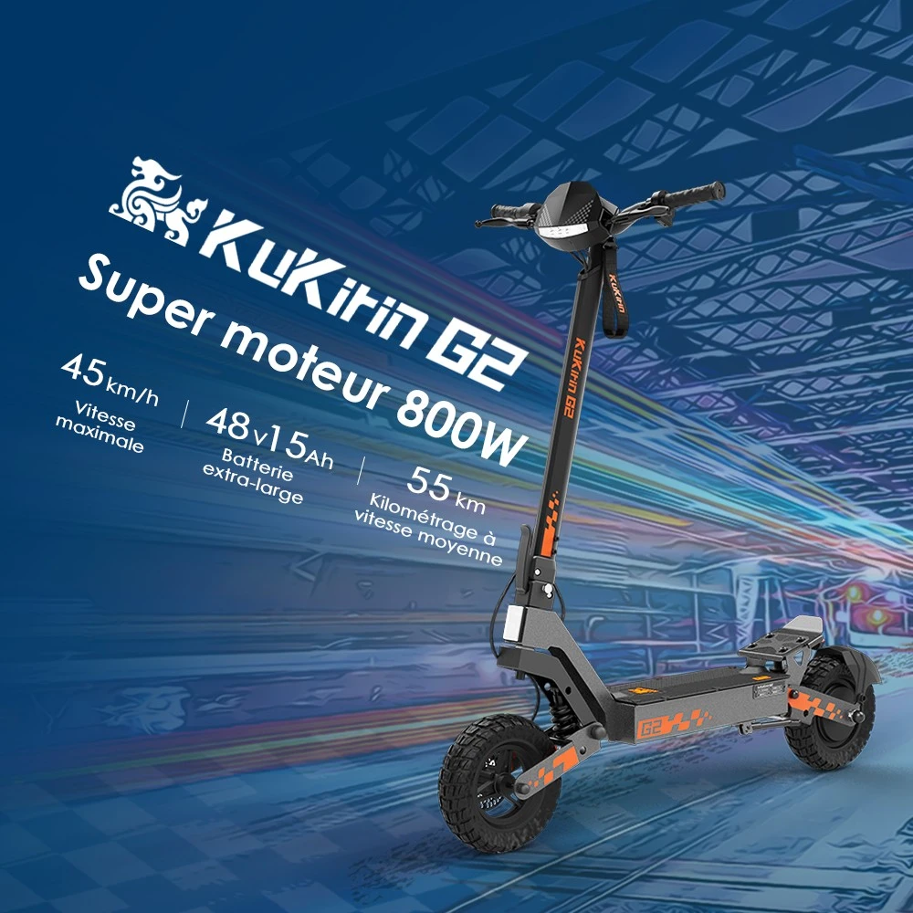 Kukirin G2 Mise à jour 2025 Trottinette électrique pliable , Moteur 800 W, Batterie 48 V 15 Ah, Pneu 10 pouces, Vitesse maximale 45 km/h, Autonomie 55 km, Écran tactile, Frein à disque, Système 7 lumières - Noir