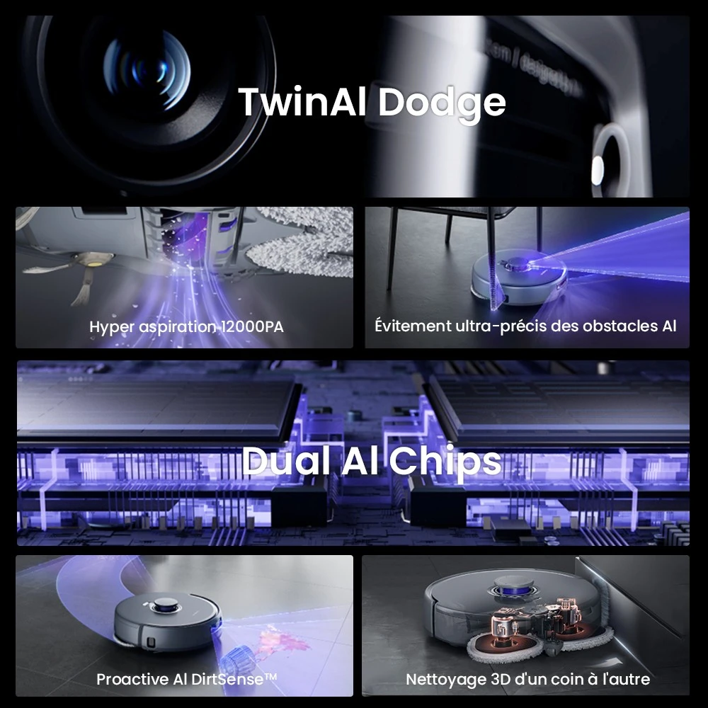 Aspirateur robot et balai Narwal Freo Z Ultra avec station de base, puissance de 12 000 Pa, autovidange, double caméra, zéro enchevêtrement, 120 jours sans entretien, levage automatique de la vadrouille jusqu'à 12 mm, évitement d'obstacles à trois lasers, lavage et séchage à l'eau chaude adaptatifs par IA - Blanc
