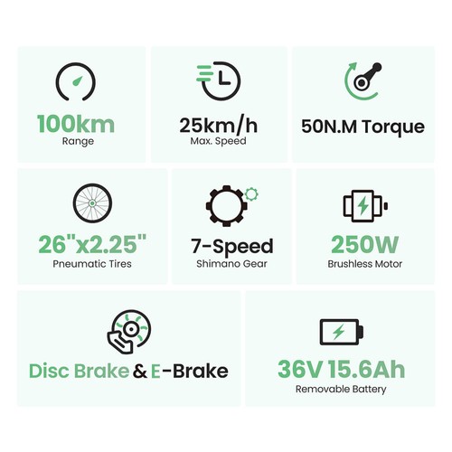 Touroll B2 Electric Bike, 250W Motor, 36V 15.6Ah Battery, 26*2.25 inch Tires, 25km/h Max Speed, 100km Range, Disc Brake & E-Brake, Shimano 7-speed, LED Display