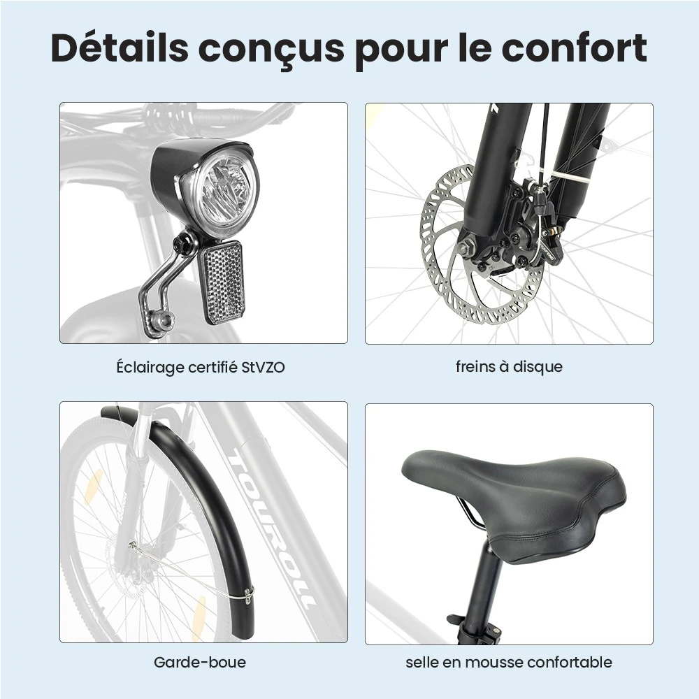 Touroll J1 ST Vélo de randonnée, 27,5 pouces, avec moteur 250 W, batterie 36 V 15,6 Ah, autonomie maximale de 100 km, écran LCD 1,8