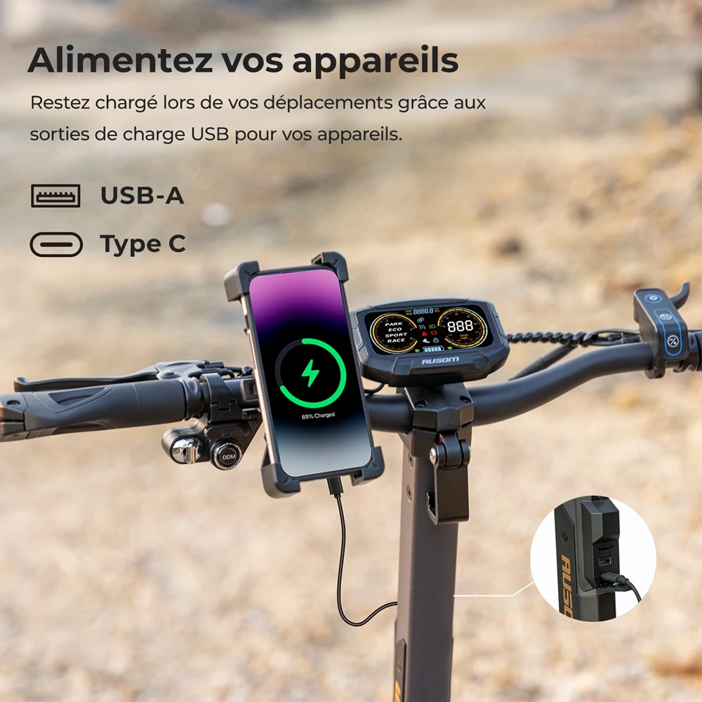 Ausom L2 Max Trottinette électrique, moteur 2 x 1 000 W, batterie 48 V 20,8 Ah, pneus 3 x 10 pouces, vitesse maximale 65 km/h, autonomie 90 km, freins à disque avant et arrière, suspension à bras oscillant, support AirTag dissimulé