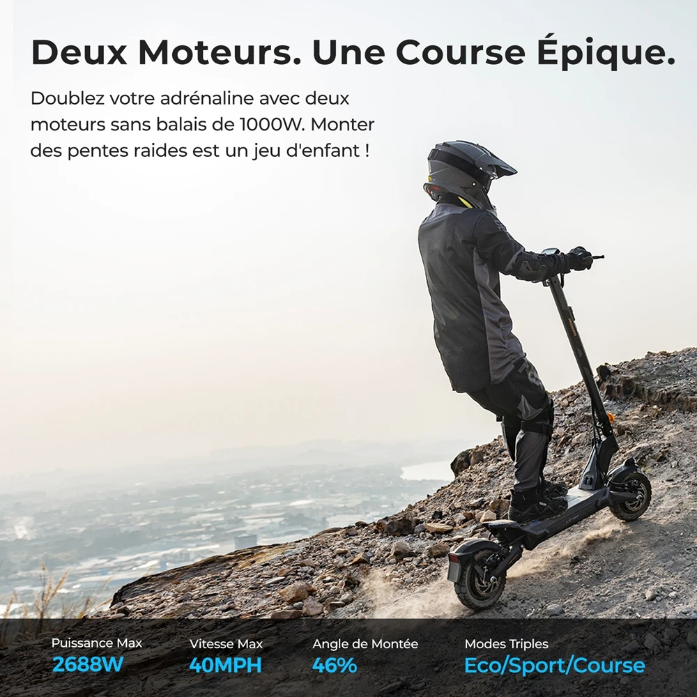 Ausom L2 Max Trottinette électrique, moteur 2 x 1 000 W, batterie 48 V 20,8 Ah, pneus 3 x 10 pouces, vitesse maximale 65 km/h, autonomie 90 km, freins à disque avant et arrière, suspension à bras oscillant, support AirTag dissimulé