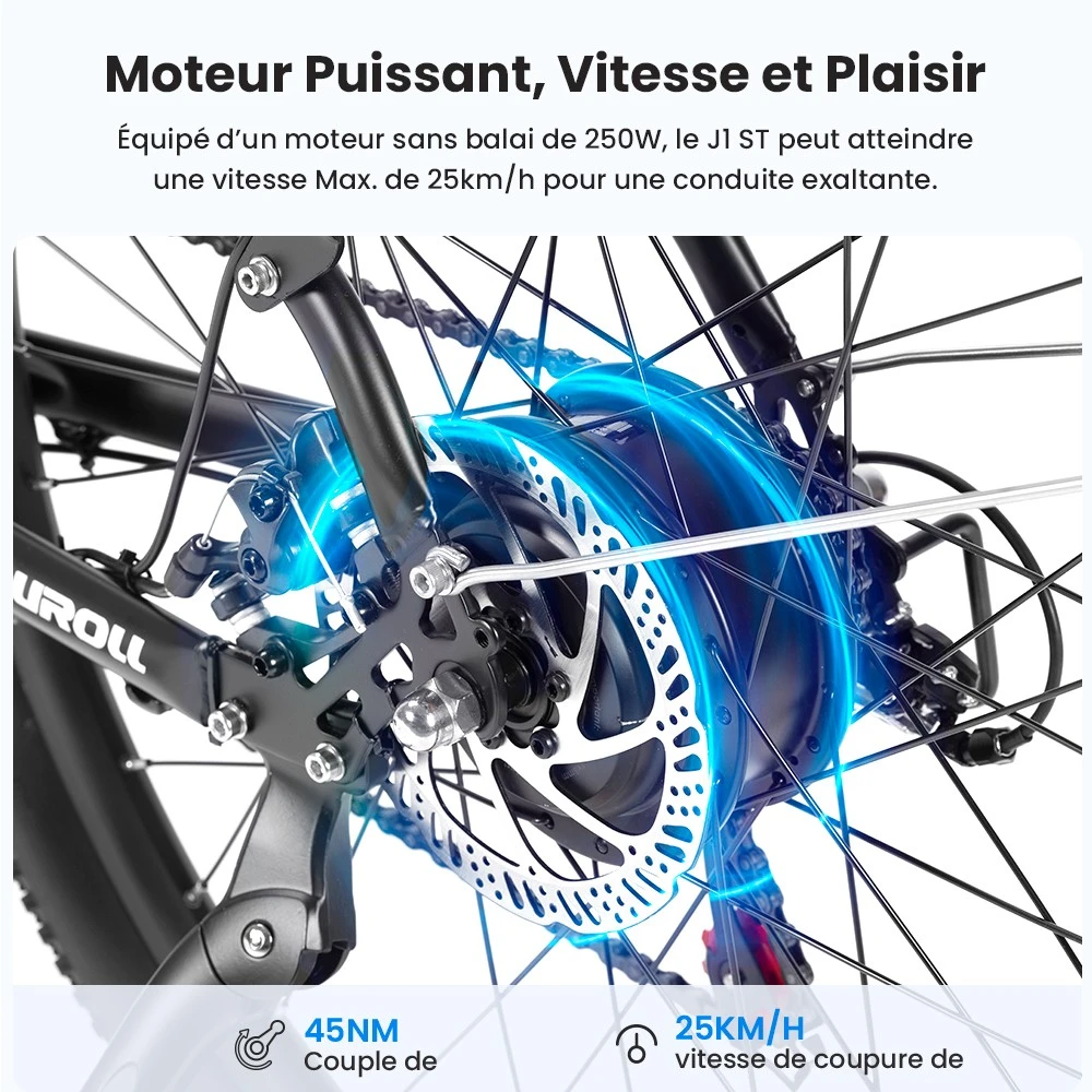 Touroll J1 ST Vélo de randonnée, 27,5 pouces, avec moteur 250 W, batterie 36 V 15,6 Ah, autonomie maximale de 100 km, écran LCD 1,8