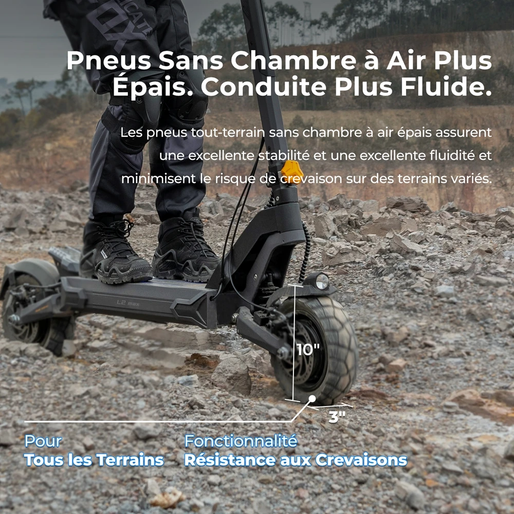 Ausom L2 Max Trottinette électrique, moteur 2 x 1 000 W, batterie 48 V 20,8 Ah, pneus 3 x 10 pouces, vitesse maximale 65 km/h, autonomie 90 km, freins à disque avant et arrière, suspension à bras oscillant, support AirTag dissimulé