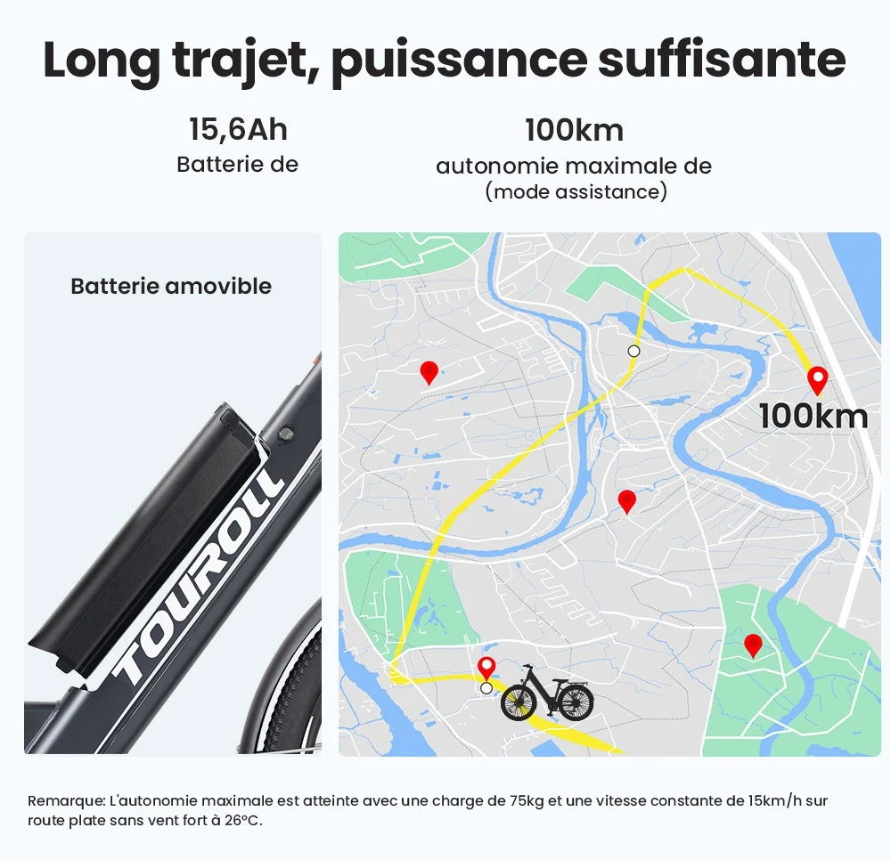 Touroll J1 ST Vélo de randonnée, 27,5 pouces, avec moteur 250 W, batterie 36 V 15,6 Ah, autonomie maximale de 100 km, écran LCD 1,8