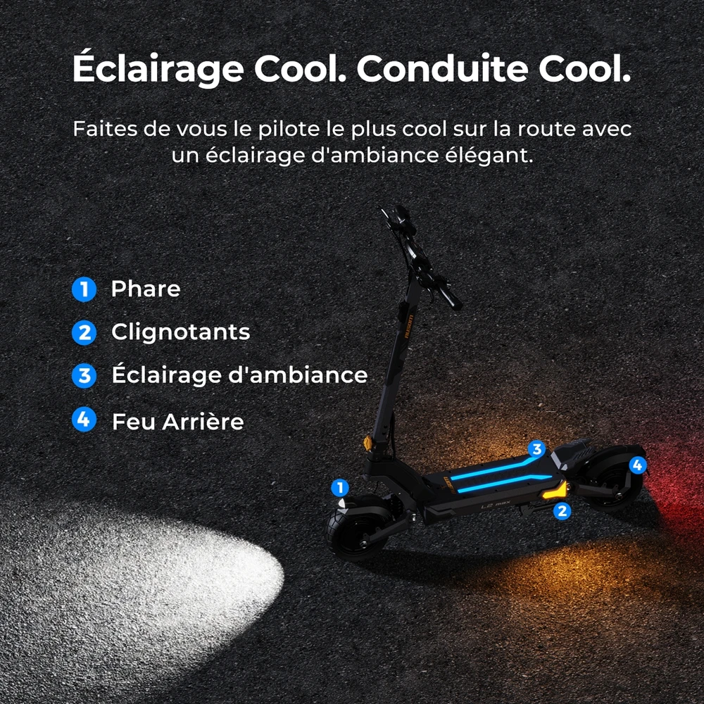 Ausom L2 Max Trottinette électrique, moteur 2 x 1 000 W, batterie 48 V 20,8 Ah, pneus 3 x 10 pouces, vitesse maximale 65 km/h, autonomie 90 km, freins à disque avant et arrière, suspension à bras oscillant, support AirTag dissimulé