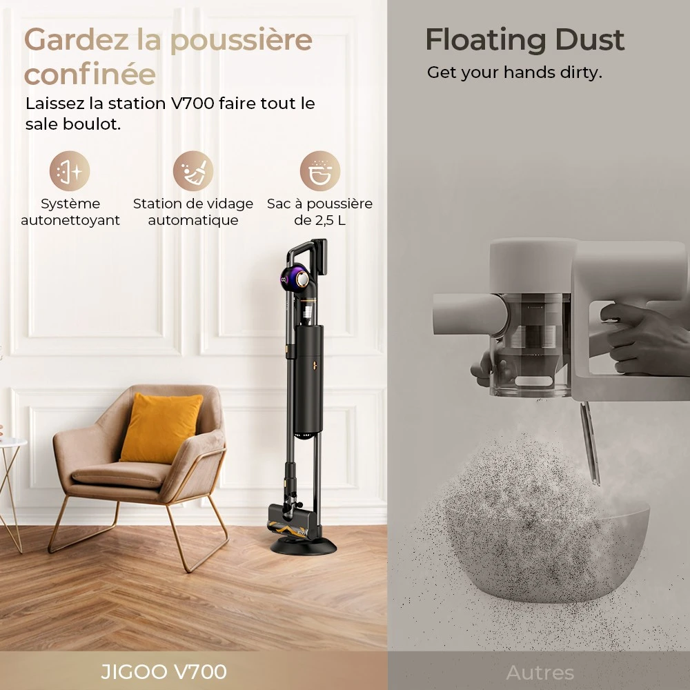 JIGOO V700 Aspirateur sans fil avec station d'aspiration de 2,5 L, vidage automatique de la poussière, puissance d'aspiration de 33 KPa, brosse anti-enchevêtrement, double éclairage LED, jusqu'à 55 minutes d'autonomie, idéal pour sols durs, tapis, an