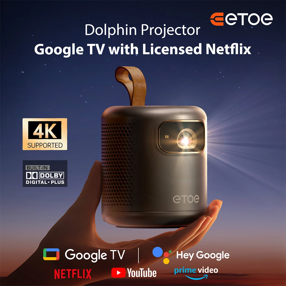 [Certifié Google TV] Projecteur DLP ETOE Dolphin, 500 lumens ANSI, 1080P natif, décodage vidéo 4K UHD, mise au point automatique et trapèze, Wi-Fi double bande, Netflix / YouTube / Prime Video préinstallé