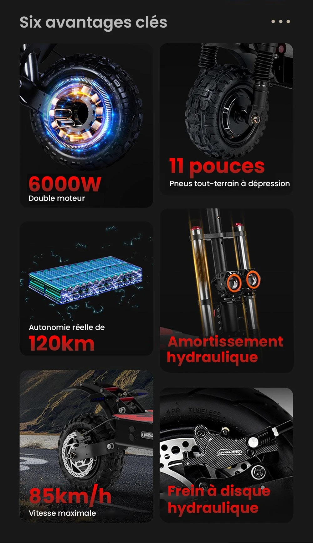 Trottinette électrique BOYUEDA S3-11, moteur 2*3000W, batterie 60V 38AH, pneu 11 pouces, vitesse maximale 85km/h, autonomie 120km, freins à disque hydrauliques doubles, amortisseur hydraulique, écran LCD