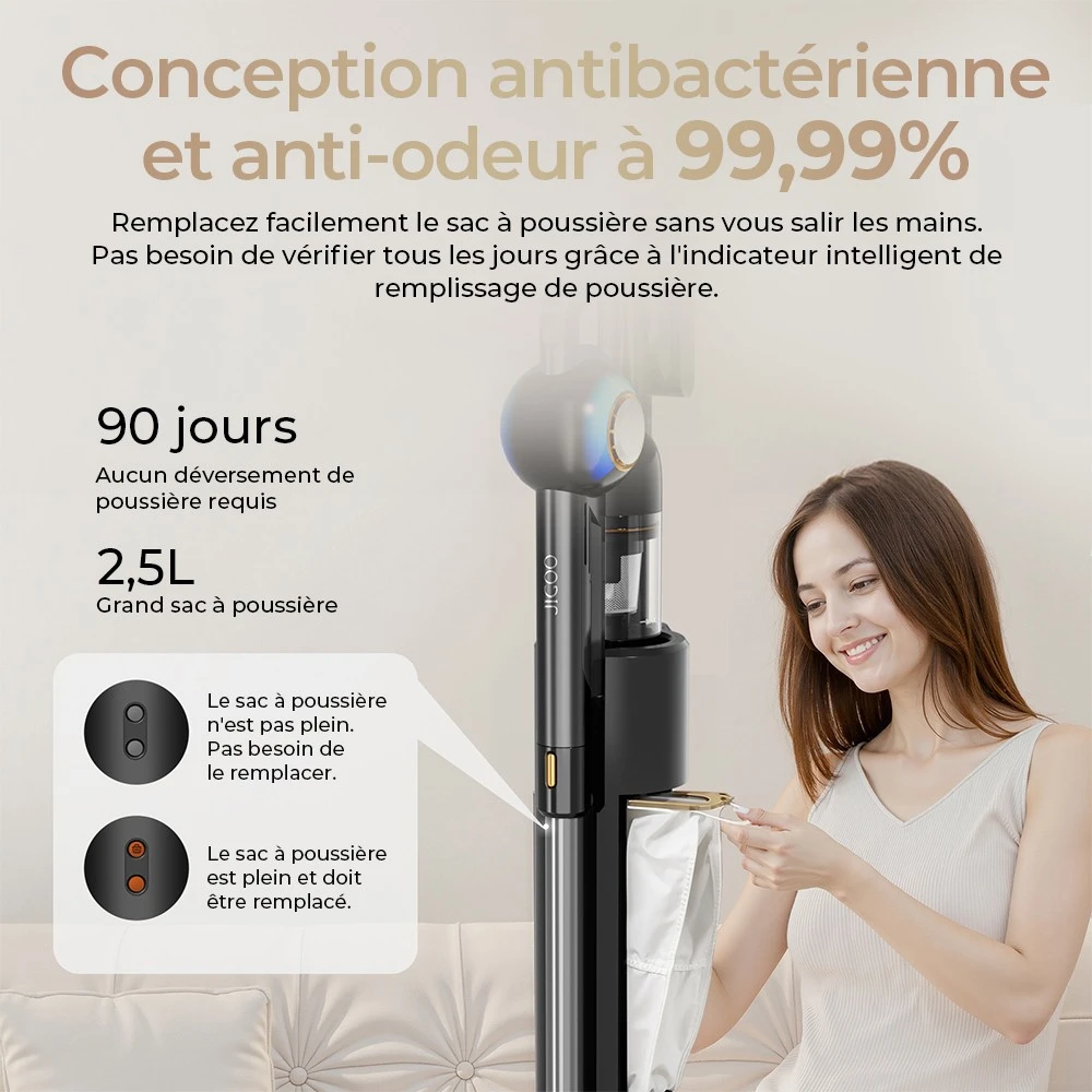 JIGOO V700 Aspirateur sans fil avec station d'aspiration de 2,5 L, vidage automatique de la poussière, puissance d'aspiration de 33 KPa, brosse anti-enchevêtrement, double éclairage LED, jusqu'à 55 minutes d'autonomie, idéal pour sols durs, tapis, an