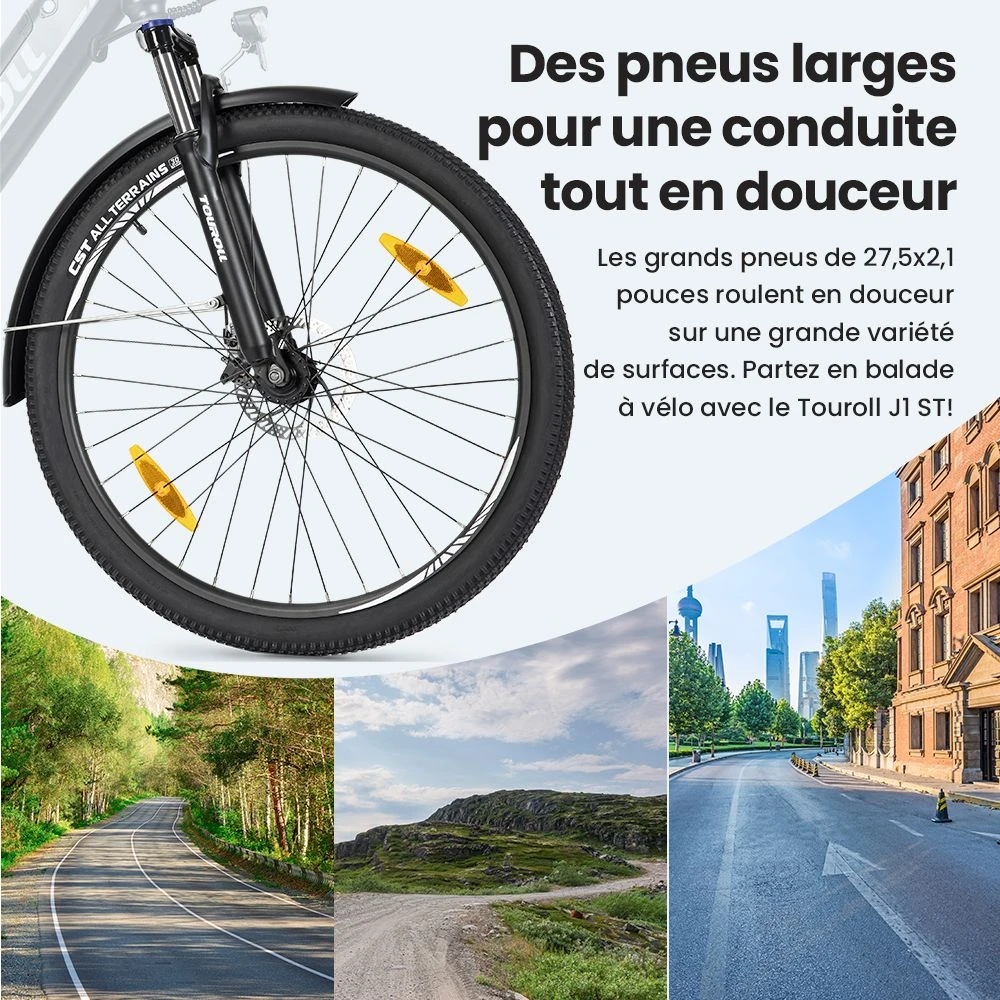 Touroll J1 ST Vélo de randonnée, 27,5 pouces, avec moteur 250 W, batterie 36 V 15,6 Ah, autonomie maximale de 100 km, écran LCD 1,8