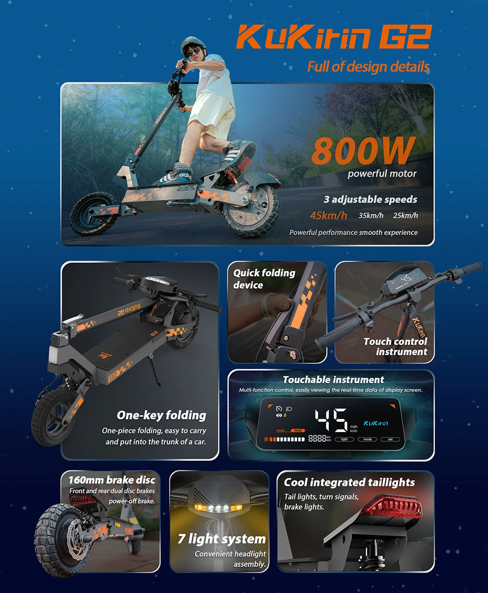 Trottinette électrique pliable Kukirin G2 (version 2025) : moteur 800 W, batterie 48 V 15,6 Ah, pneus 10 pouces, vitesse maximale 45 km/h, autonomie 55 km, écran tactile, freins à disque, système d'éclairage 7 po, noir