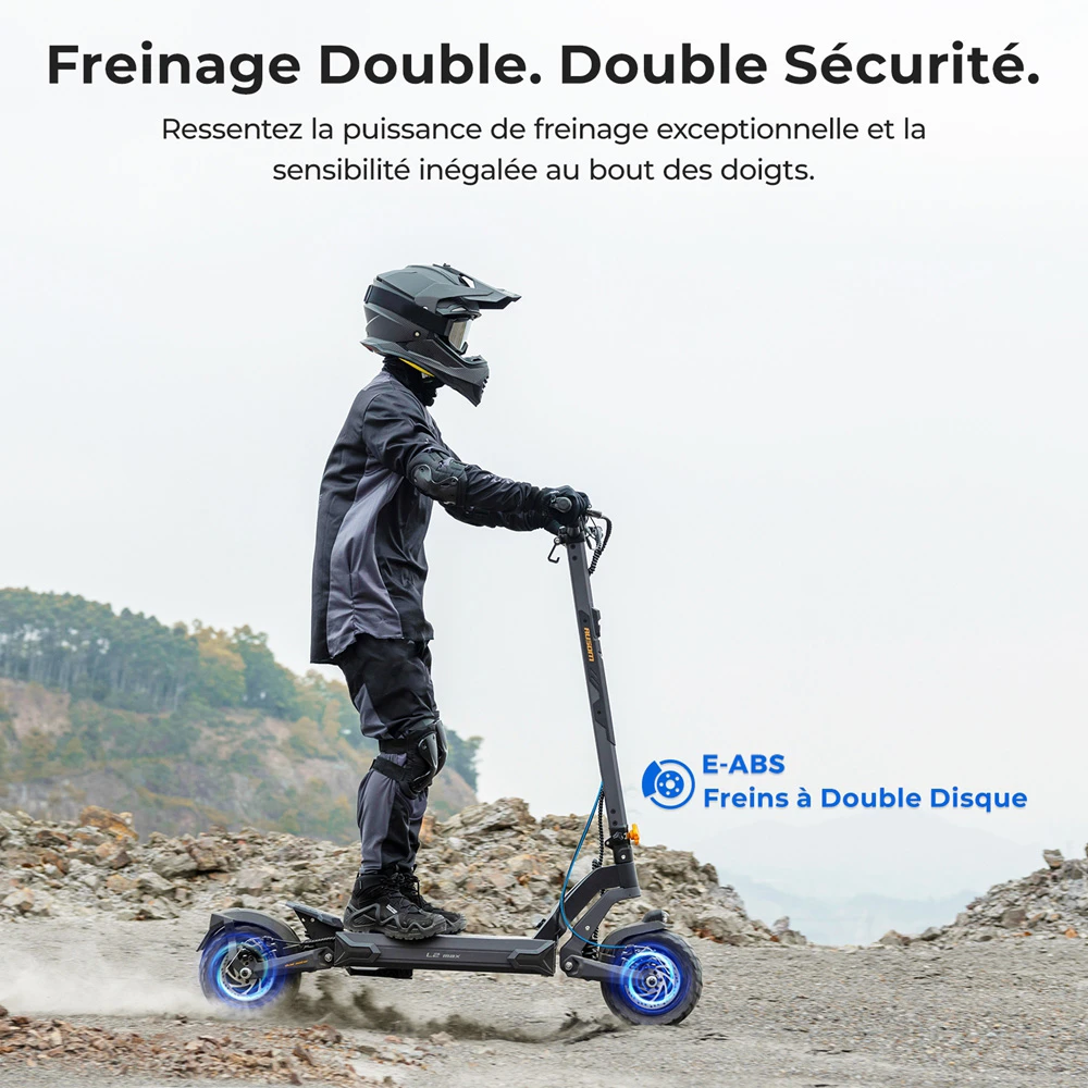Ausom L2 Max Trottinette électrique, moteur 2 x 1 000 W, batterie 48 V 20,8 Ah, pneus 3 x 10 pouces, vitesse maximale 65 km/h, autonomie 90 km, freins à disque avant et arrière, suspension à bras oscillant, support AirTag dissimulé