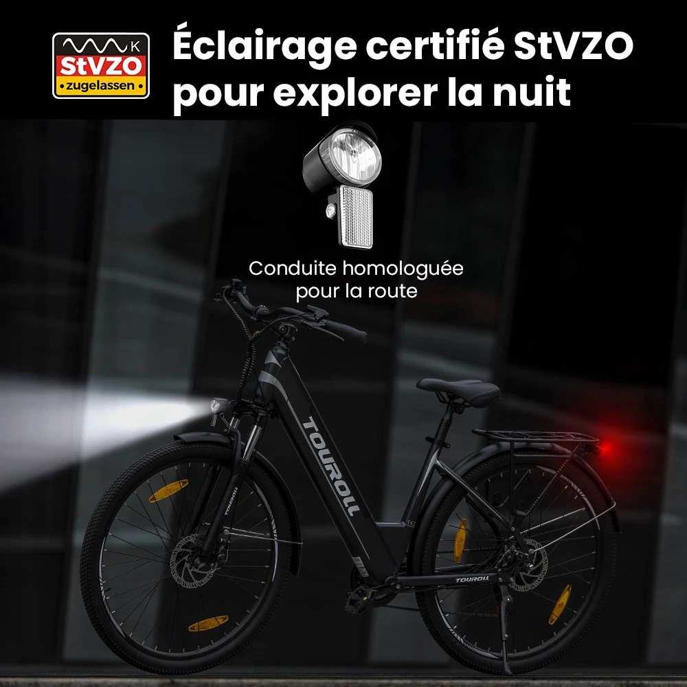 Touroll J1 ST Vélo de randonnée, 27,5 pouces, avec moteur 250 W, batterie 36 V 15,6 Ah, autonomie maximale de 100 km, écran LCD 1,8