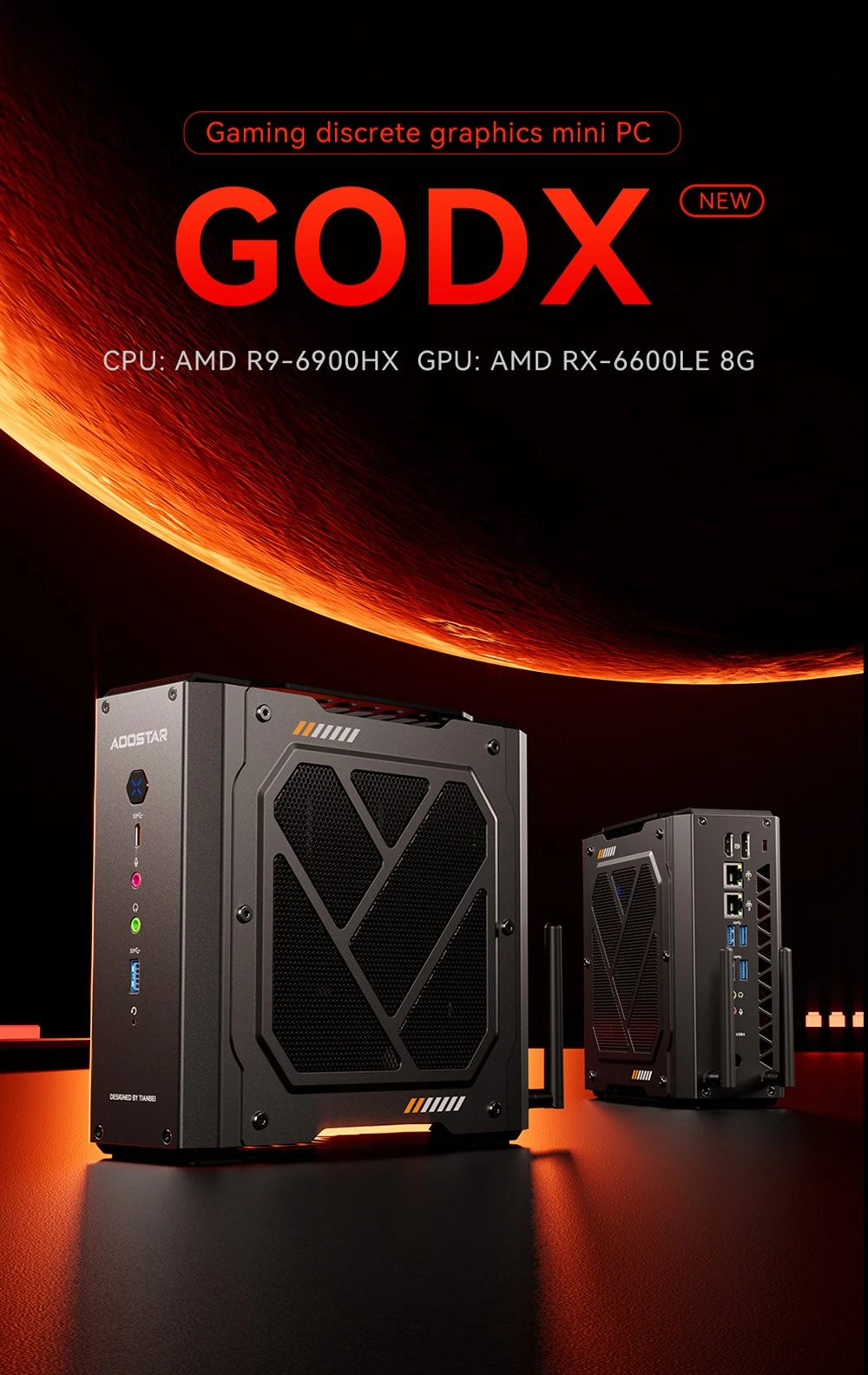 พีซีเกมมิ่งมินิ AOOSTAR GODX พร้อม GPU แบบแยก, CPU AMD Ryzen 9 6900HX 8 คอร์ 4.9GHz, GPU AMD Radeon RX 6600LE 8GB 128bit, RAM 32GB SSD 1TB, WiFi6, LAN 2*2.5G, USB5 3.2*, USB1 4*, Type-C 1*, DP 1*, HDMI 1*, แจ็คหูฟัง 2*, พอร์ตไมโครโฟน 2* - ปลั๊ก EU