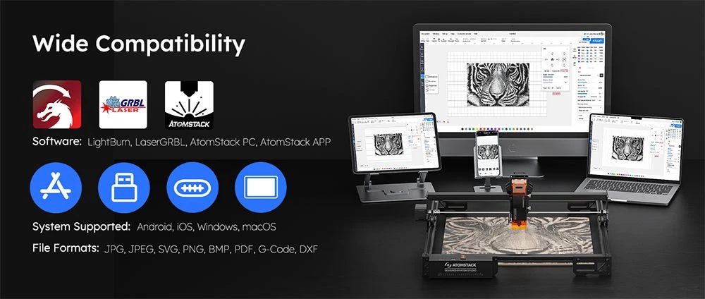 ATOMSTACK A5 Pro V2 5W Laser Engraver, 400mm/s High Speed, 0.01mm Precision, 5mm Wood 3mm Black Acrylic in One Pass, 410*380mm