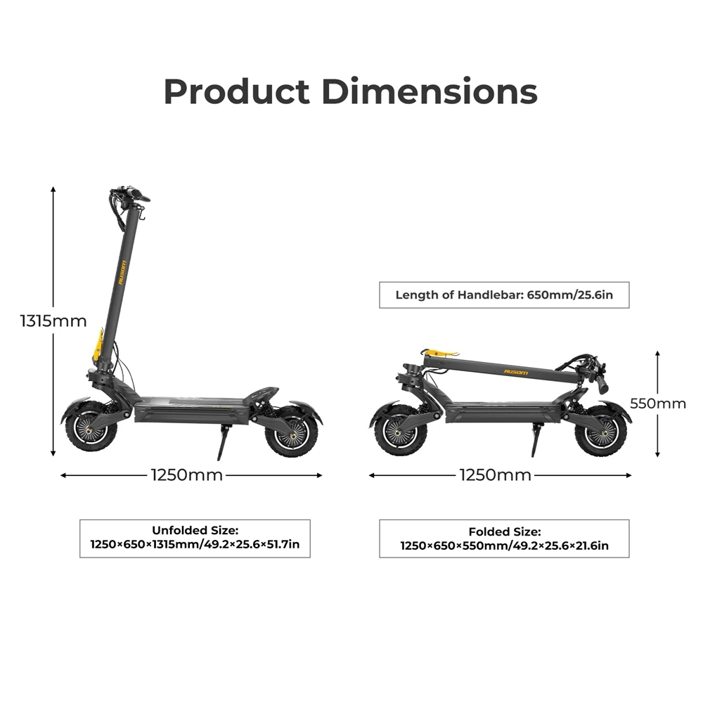 Trotinetă electrică Ausom F1 Max, 2 motoare de 1400 W, baterie de 60 V și 20,8 Ah, anvelope de 10 inch, viteză maximă de 72 km/h, autonomie maximă de 100 km, frâne hidraulice pe disc față și spate, blocare NFC și cod de acces