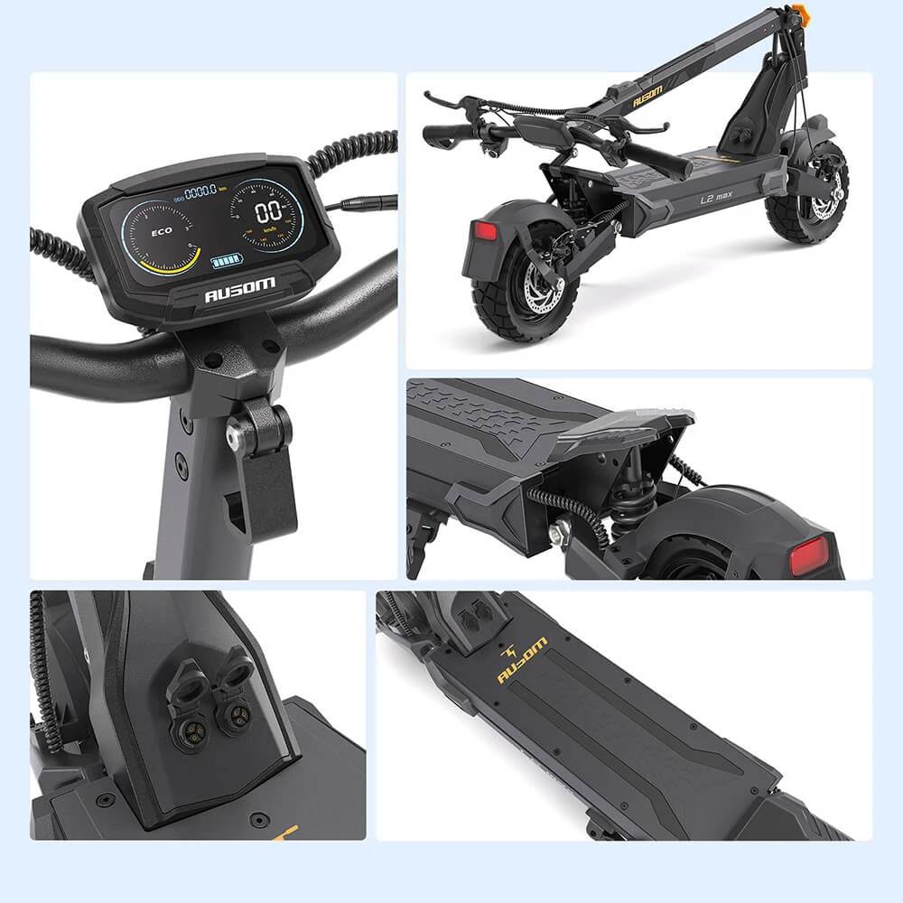 Ausom L2 Max Scuter electric, 1000W Motor, 48V 20.8Ah Baterie, 10 inci anvelope, 50km/h Max Speed, 90km Range, Front & Spațiu de protecție, Suspensie de arma de balansare, NFC & punte de cod de acces