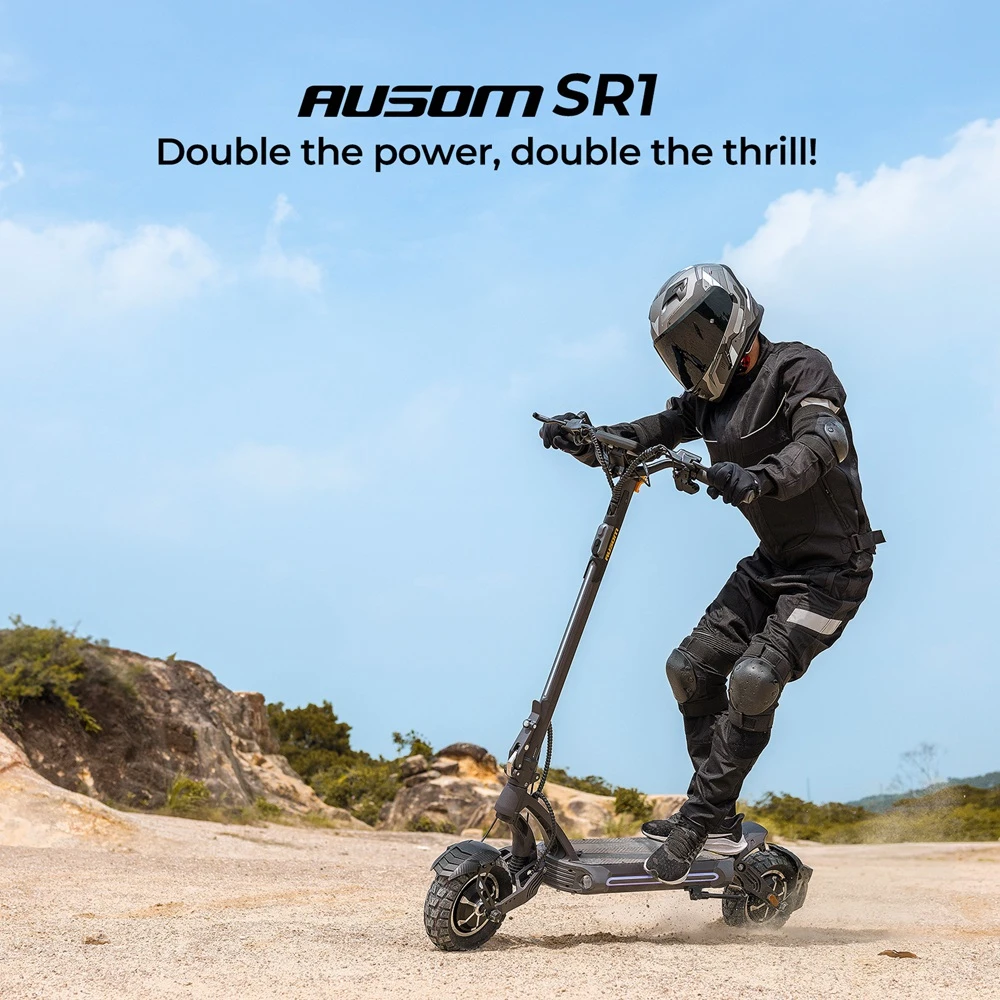 Trotinetă electrică Ausom SR1, 2 motoare de 1000 W, baterie de 52 V și 20,8 Ah, anvelope de 10 inch, viteză maximă de 65 km/h, autonomie de 95 km, frâne hidraulice cu disc față și spate, suspensie cu braț oscilant
