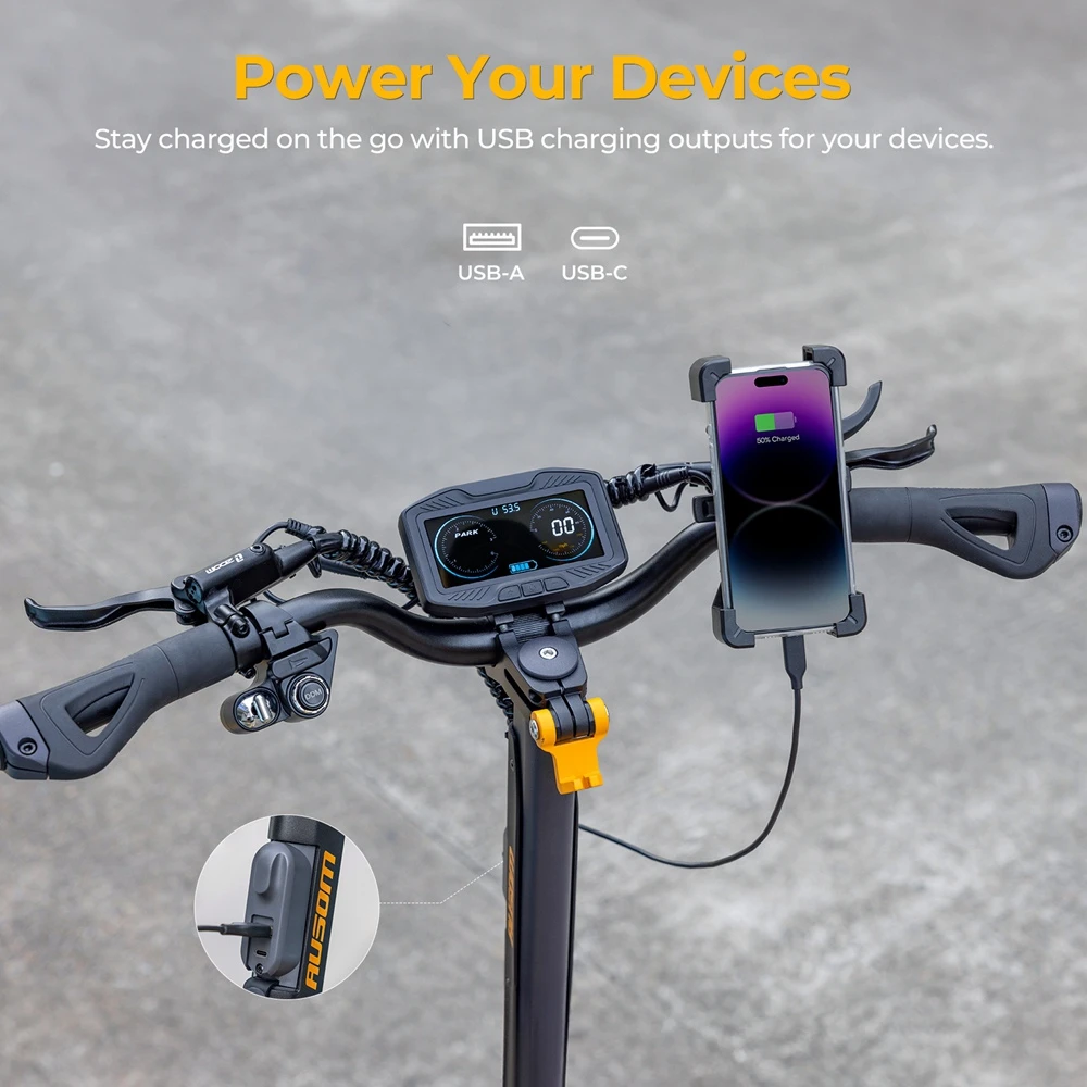 Trotinetă electrică Ausom SR1, 2 motoare de 1000 W, baterie de 52 V și 20,8 Ah, anvelope de 10 inch, viteză maximă de 65 km/h, autonomie de 95 km, frâne hidraulice cu disc față și spate, suspensie cu braț oscilant