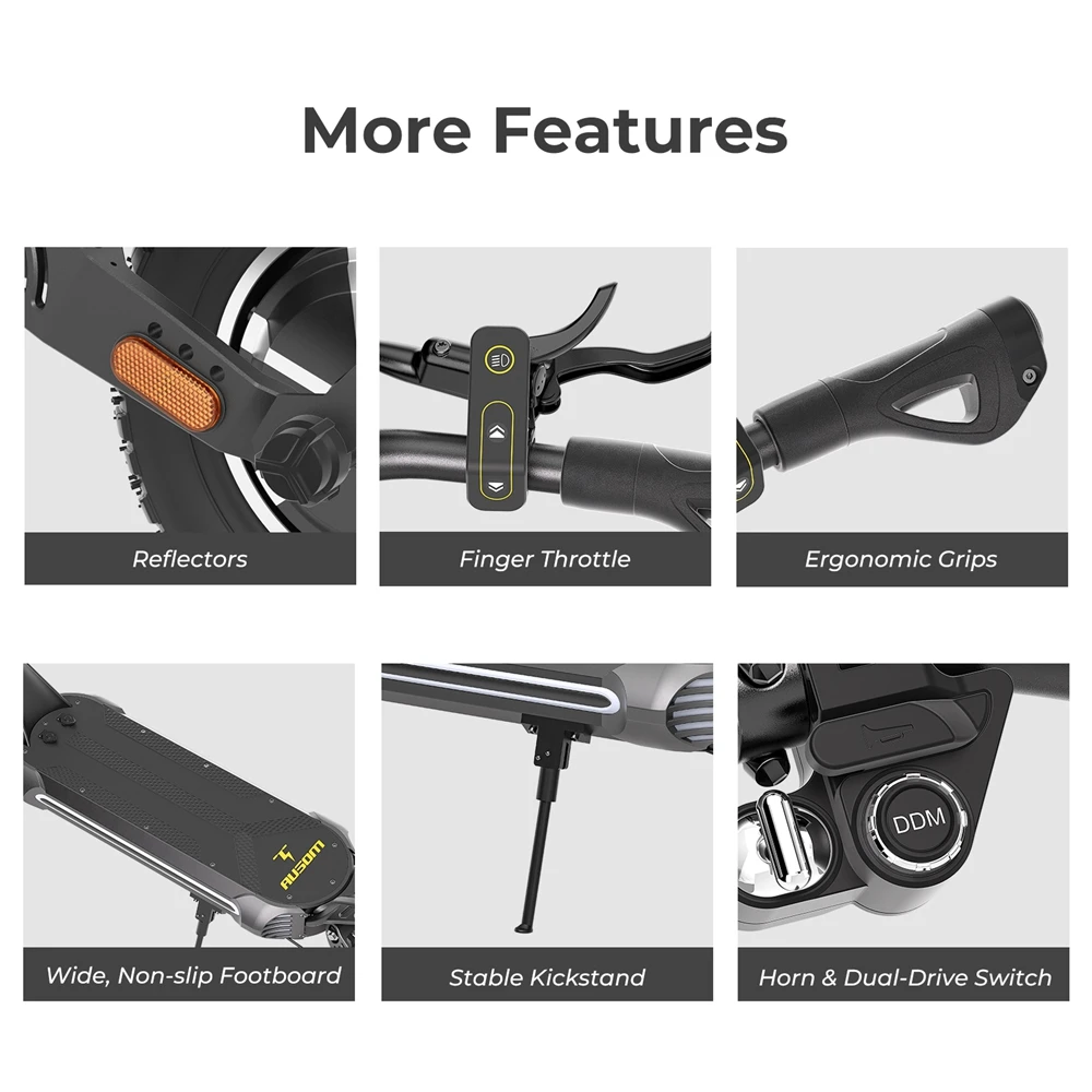 Trotinetă electrică Ausom SR1, 2 motoare de 1000 W, baterie de 52 V și 20,8 Ah, anvelope de 10 inch, viteză maximă de 65 km/h, autonomie de 95 km, frâne hidraulice cu disc față și spate, suspensie cu braț oscilant