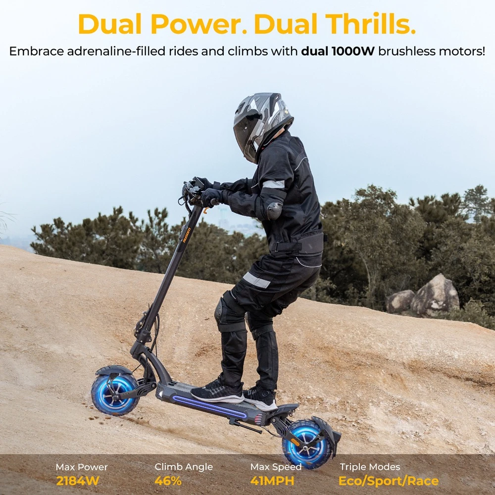 Trotinetă electrică Ausom SR1, 2 motoare de 1000 W, baterie de 52 V și 20,8 Ah, anvelope de 10 inch, viteză maximă de 65 km/h, autonomie de 95 km, frâne hidraulice cu disc față și spate, suspensie cu braț oscilant