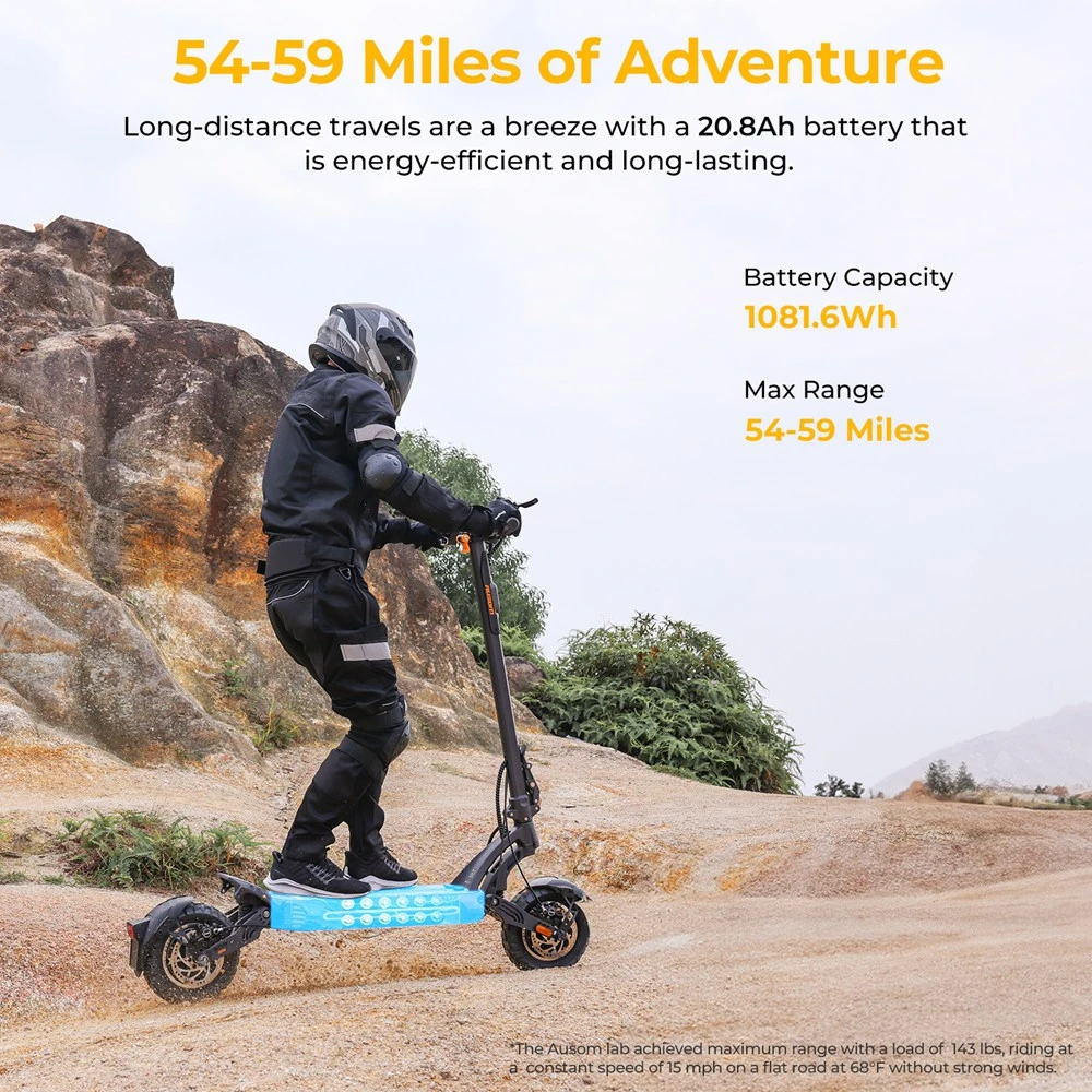 Trotinetă electrică Ausom SR1, 2 motoare de 1000 W, baterie de 52 V și 20,8 Ah, anvelope de 10 inch, viteză maximă de 65 km/h, autonomie de 95 km, frâne hidraulice cu disc față și spate, suspensie cu braț oscilant