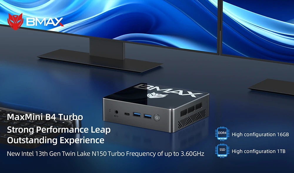 BMAX B4 Turbo Mini PC, Intel Twin Lake N150 4 Cores Max 3.6GHz, 16GB RAM 1TB SSD, 2*HDMI+1*Type-C Triple Display, WiFi 5 Bluetooth 5.0, 2*USB3.0, 2*USB2.0, 1*RJ45, 1*Headset Jack