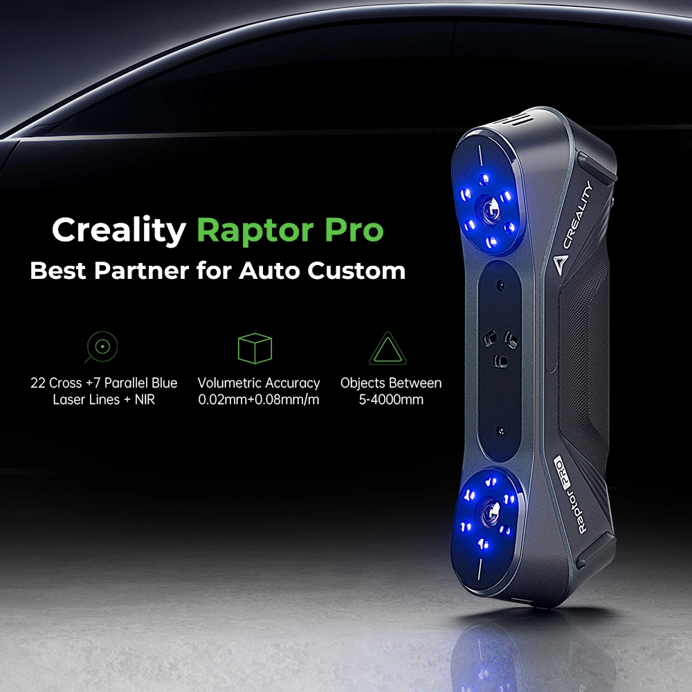 Scanner 3D Creality Raptor Pro, laser bleu NIR 22+7, vitesse de numérisation de 60 ips, objets entre 5 et 4 000 mm, numérisation couleur 24 bits, précision de 0,02 mm, anti-tremblement