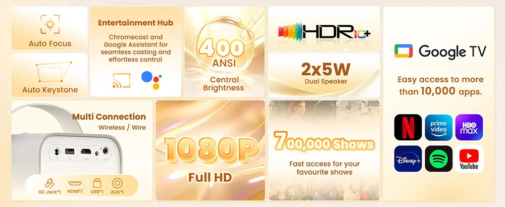 Projecteur ETOE Seal, 400 lumens ANSI, Google TV, 1080P natif, mise au point automatique et correction automatique du trapèze, Google Assistant