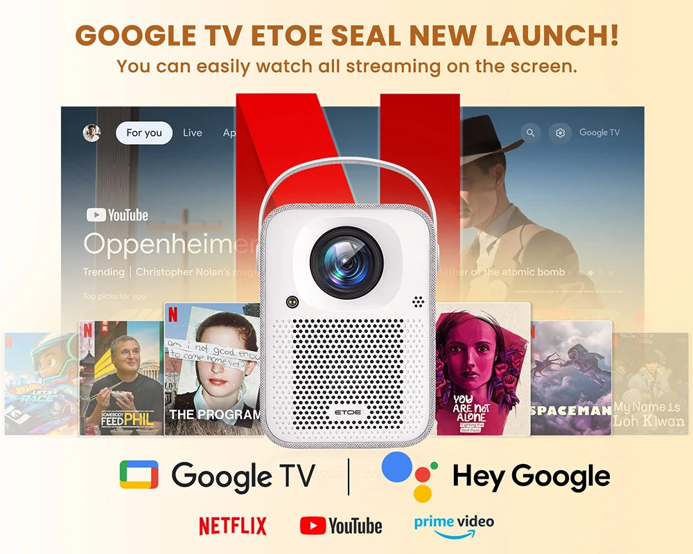 Projecteur ETOE Seal, 400 lumens ANSI, Google TV, 1080P natif, mise au point automatique et correction automatique du trapèze, Google Assistant