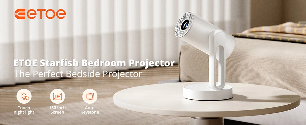 Proiettore ETOE Starfish ricondizionato, Android TV 11.0, Dolby Digital, luce notturna touch, rotazione 140°, 300 ANSI, decodifica 4K, correzione automatica della distorsione trapezoidale, Chromecast integrato, altoparlante da 5 W