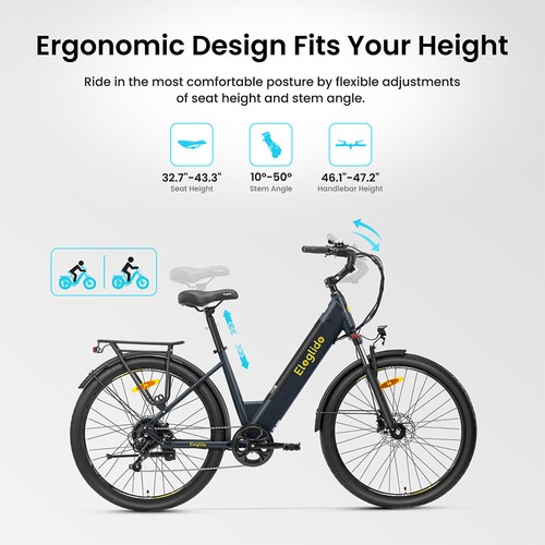 Eleglide T2 Electric Bike, 250W Motor, 36V 13Ah Battery, 27.5*2.1 inch Tire, 25km/h Max Speed, 100km Max Range, Hydraulic Disc Brakes, Suspension Fork with Lockout, Shimano 7-Speed, LCD Display, App Control